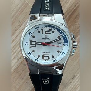 Festina Men’s Watch Oval Stainless Dial Date Window Black Poly Strap